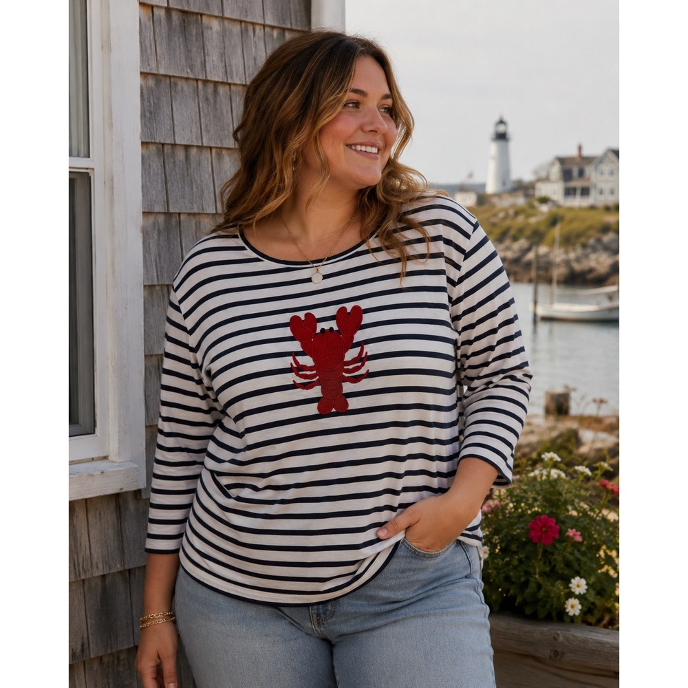 Cactus + Pearl Sparkle Lobster Tee XL Navy White Striped 3/4 Sleeve Nautical Top